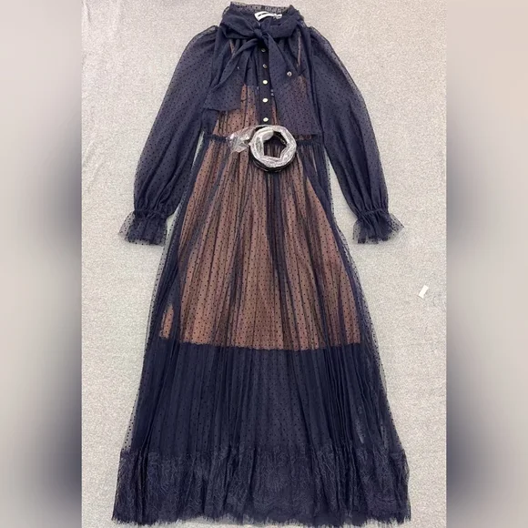 Self-Portrait Navy Dot Mesh midi Dress